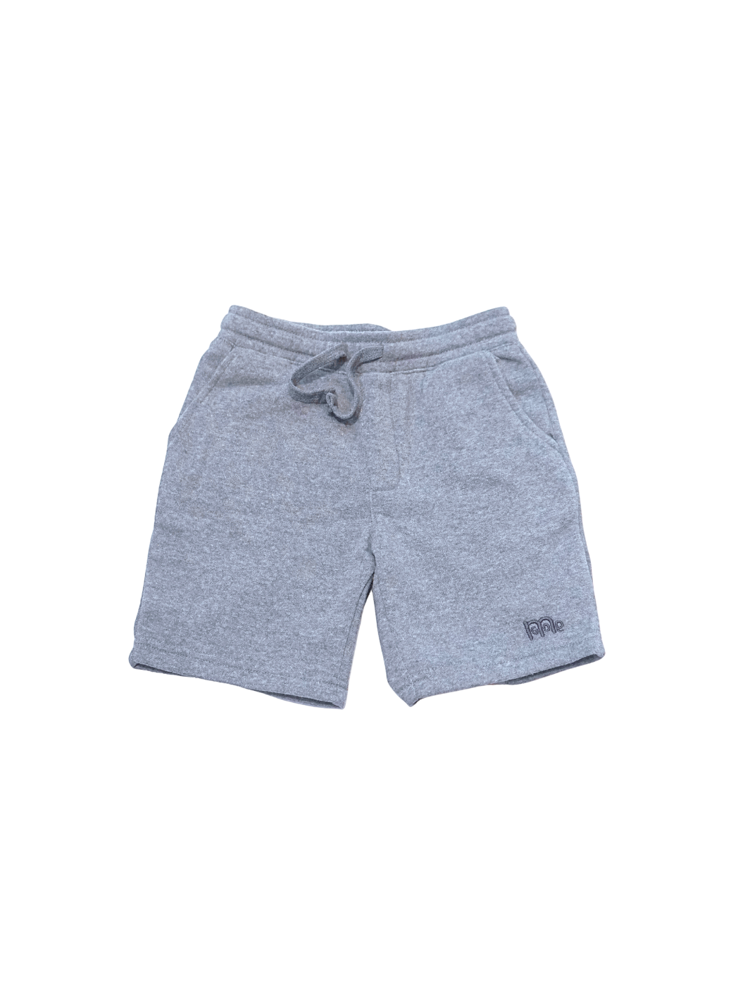 Flat-lay of Toddler Grey shorts with elastic waistband, drawstring and GODinme logo on lower left leg.