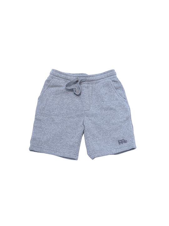 Flat-lay of Toddler Grey shorts with elastic waistband, drawstring and GODinme logo on lower left leg.