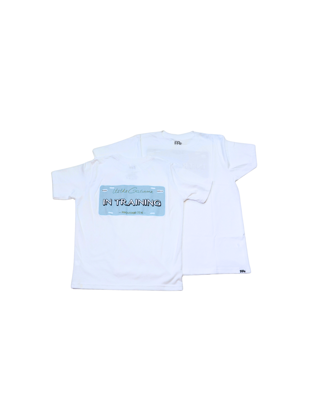 White T-shirt with "In Training" and Proverbs 22:6 printed within license plate design on back and woven GODinme tag attached to bottom front 