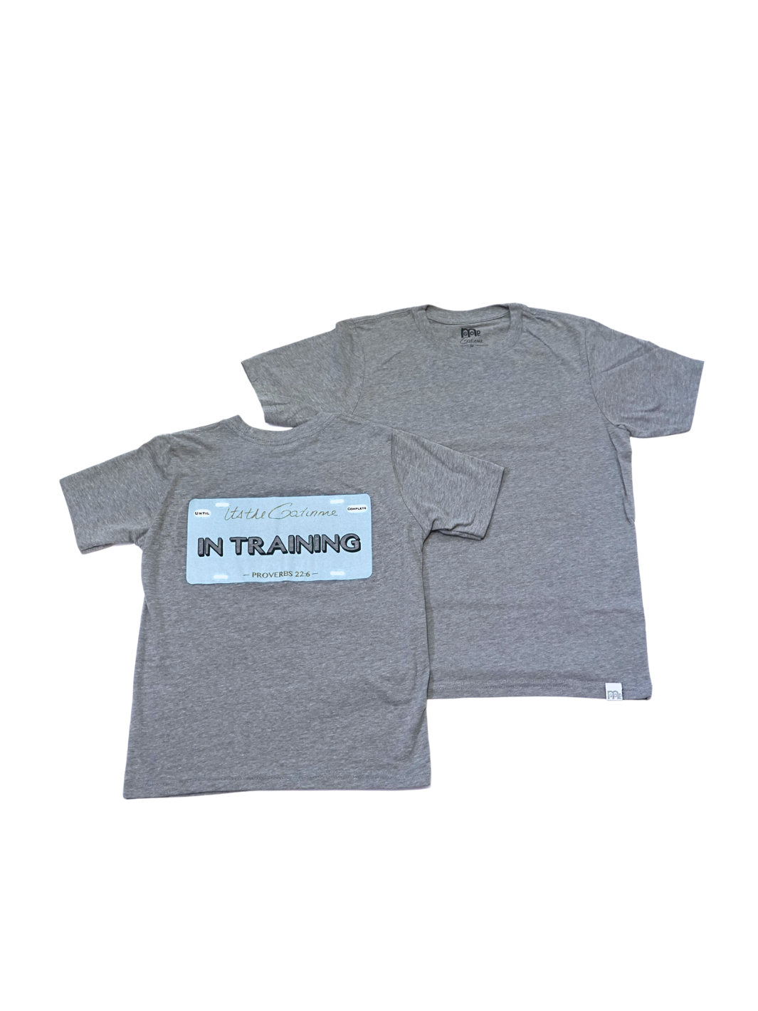 Grey T-shirt with "In Training" and Proverbs 22:6 printed within license plate design on back and woven GODinme tag attached to bottom front 