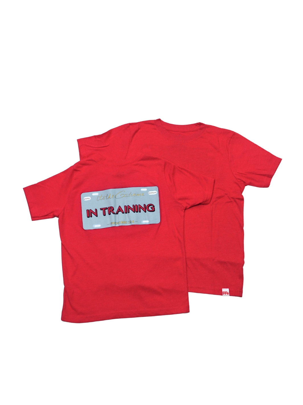 Red T-shirt with "In Training" and Proverbs 22:6 printed within license plate design on back and woven GODinme tag attached to bottom front 
