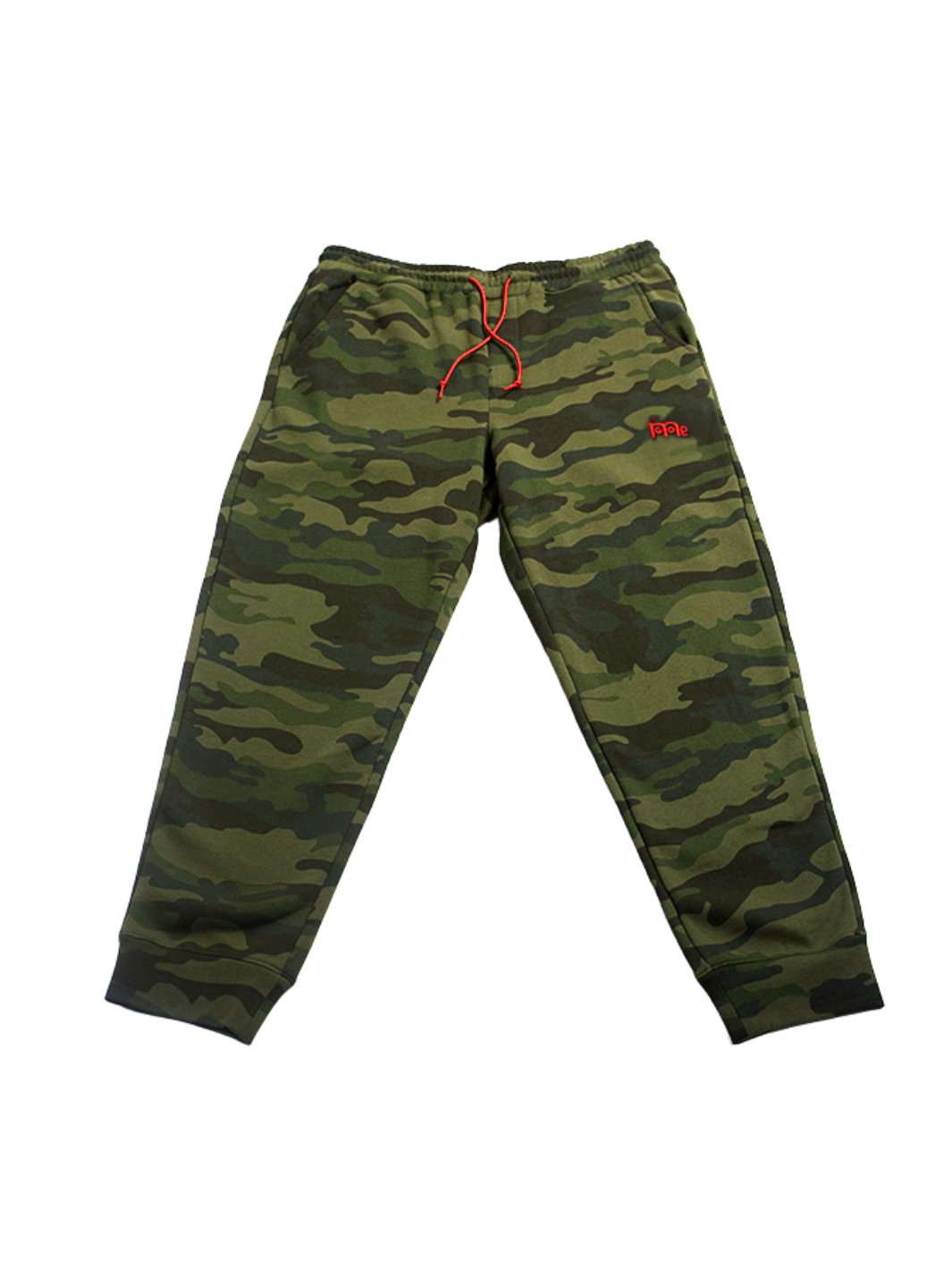 Front view of Men’s camo jogger sweatpants with RED GODinme logo and drawcord.