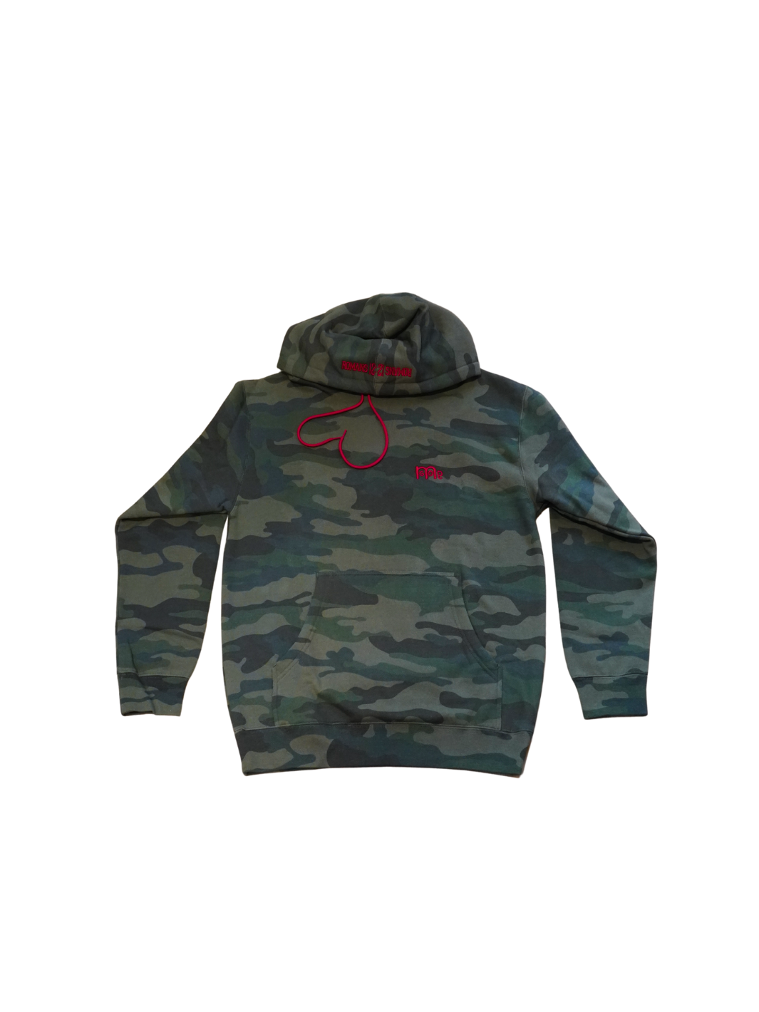 Green Camouflage Pullover Hoodie with Red drawcord, embroidered GODinme logo at left chest and ROMANS 12 : 21 on hood. Both embroideries are in Red.