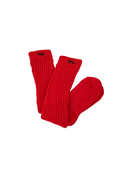 Red slouch socks with Black GODinme logo