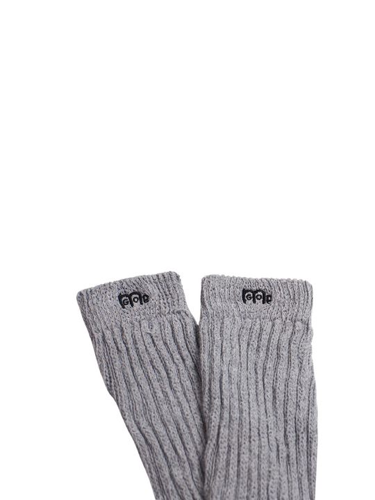 Grey slouch socks with Black GODinme logo