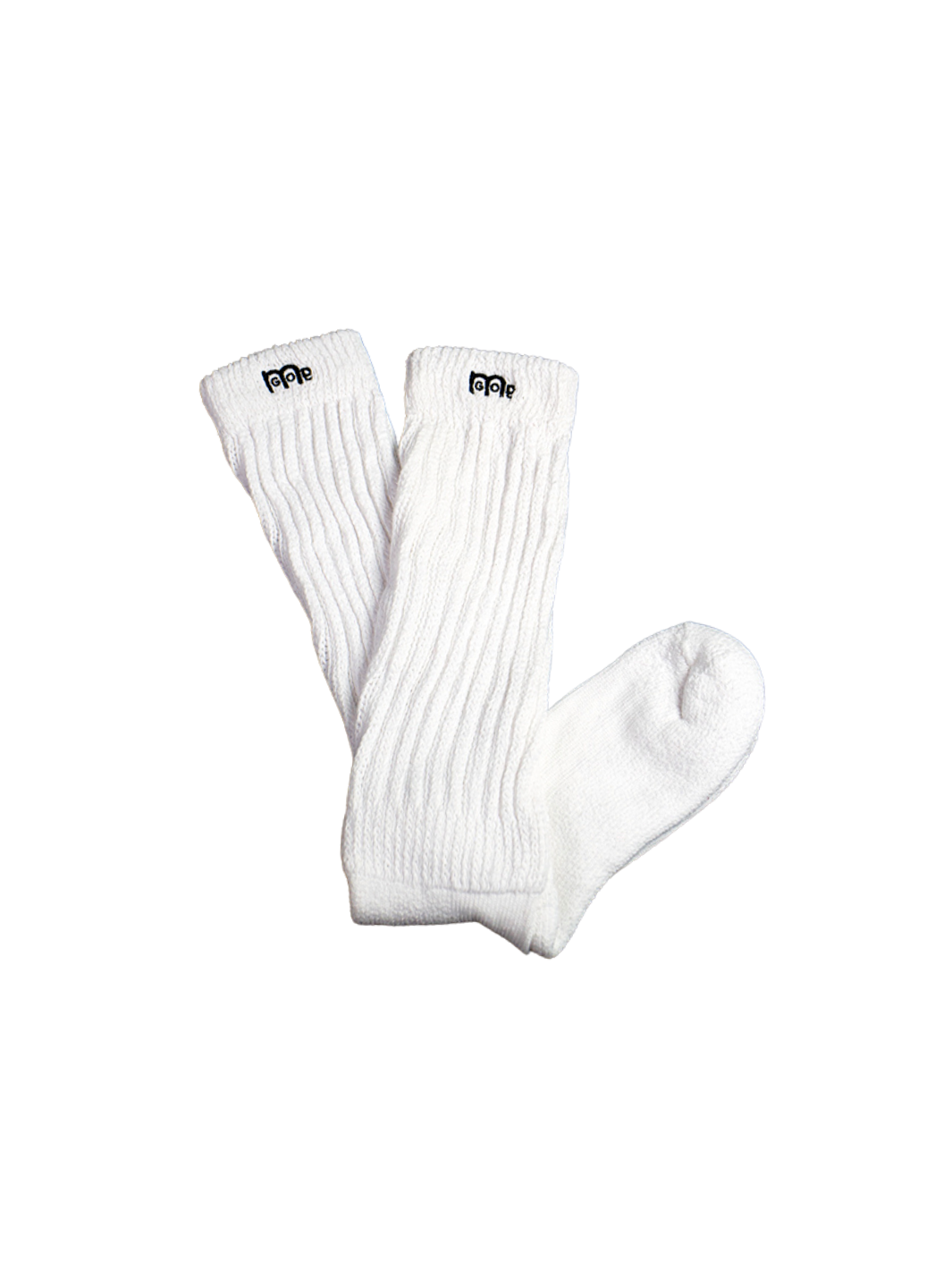White slouch socks with Black GODinme logo