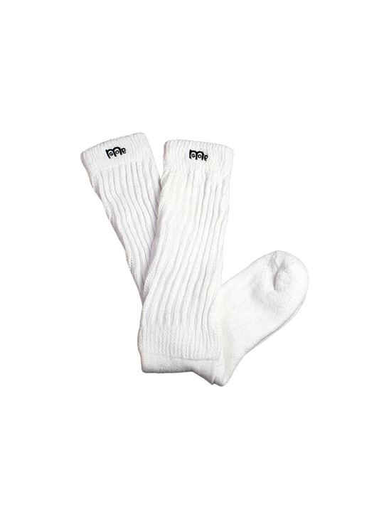 White slouch socks with Black GODinme logo