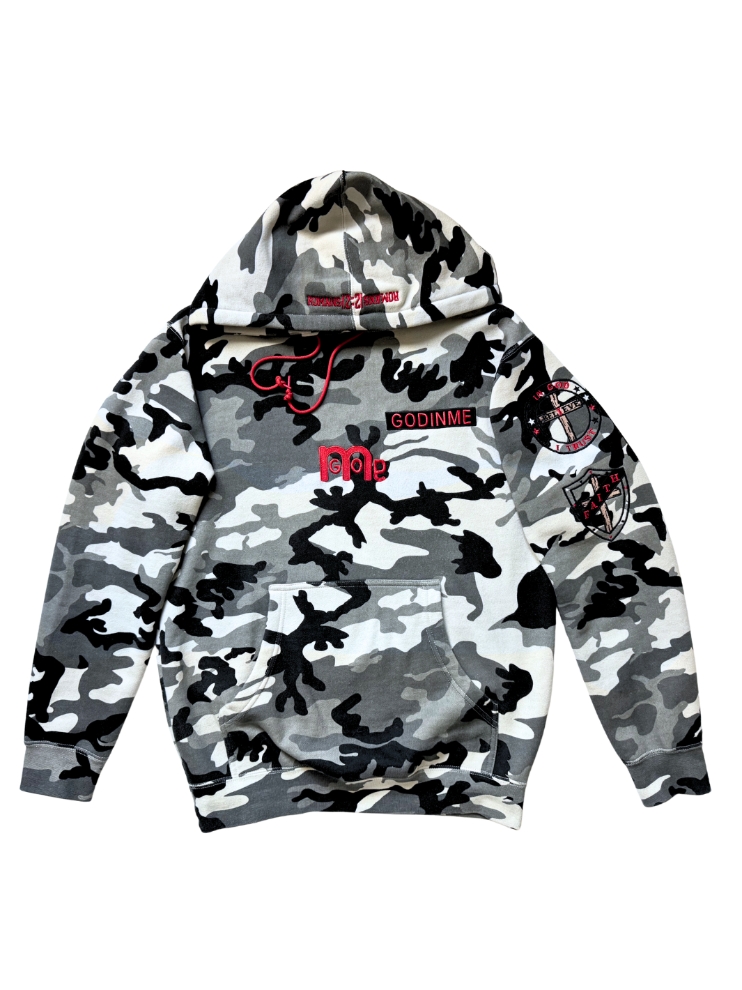 A flat display of a Black, White, and Grey camouflage hoodie with red embroidered GODinme logo mid chest, embroidered GODinme nameplate left chest, and two embroidered patches on left sleeve.