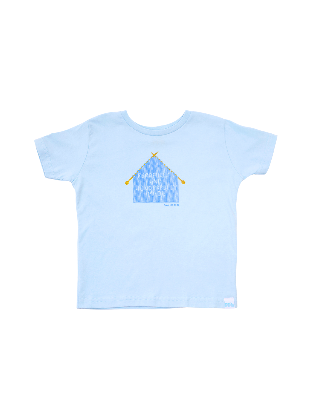 Blue Toddler T-Shirt with "Fearfully and Wonderfully Made" printed on front and woven GODinme logo tag sewn on bottom left 