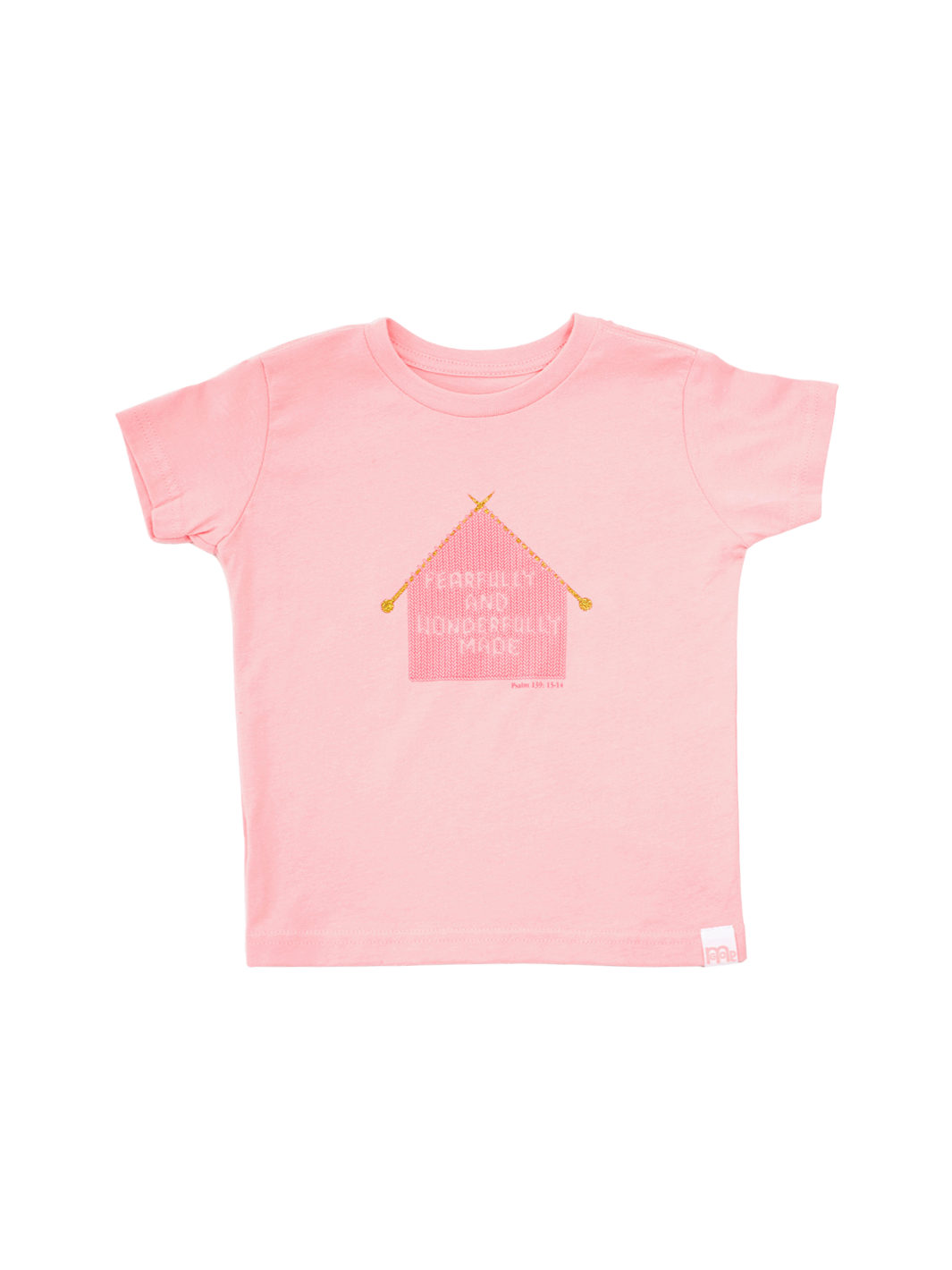 Pink Toddler T-Shirt with "Fearfully and Wonderfully Made" printed on front and woven GODinme logo tag sewn on bottom left 