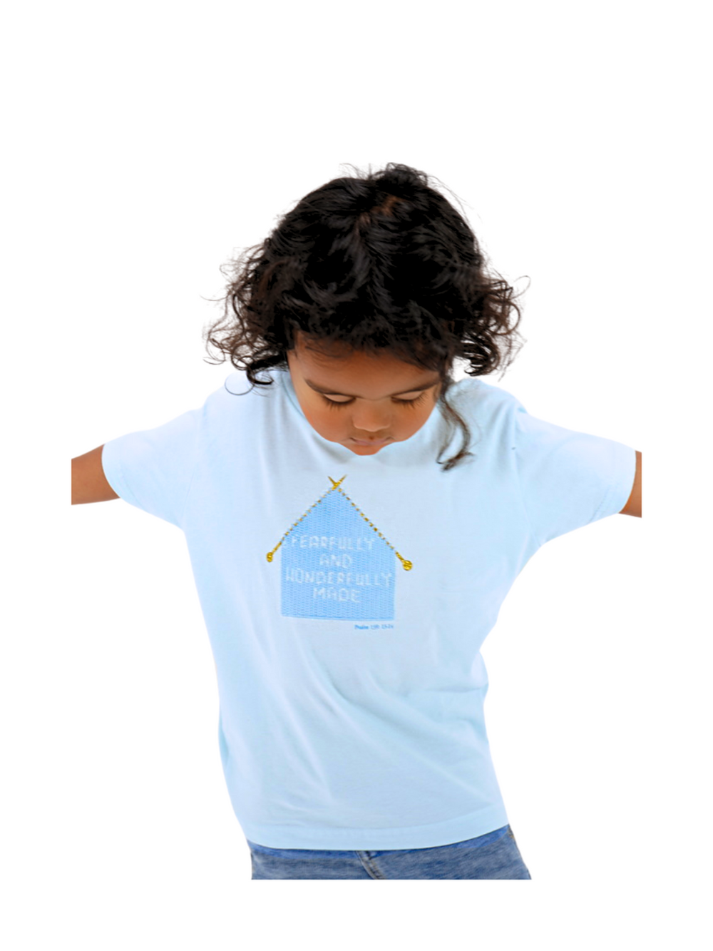 Blue Toddler T-Shirt with "Fearfully and Wonderfully Made" printed on front and woven GODinme logo tag sewn on bottom left 