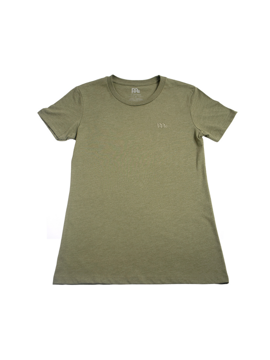 Women's Army Green GODinme T-Shirt: Super soft, lightweight with feminine curve design, and matching Army Green GODinme logo at left chest.