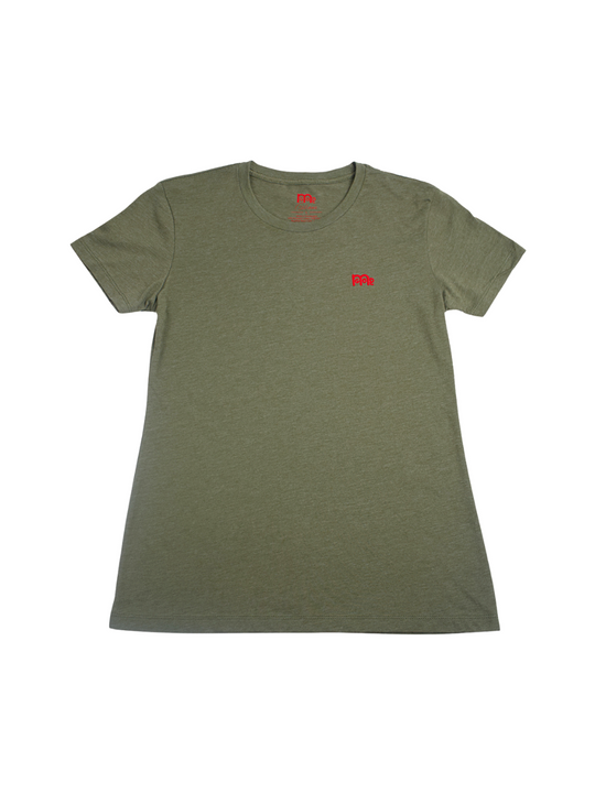 Women's Army Green T-Shirt: Super soft, lightweight with feminine curve design, and Red GODinme logo at left chest.