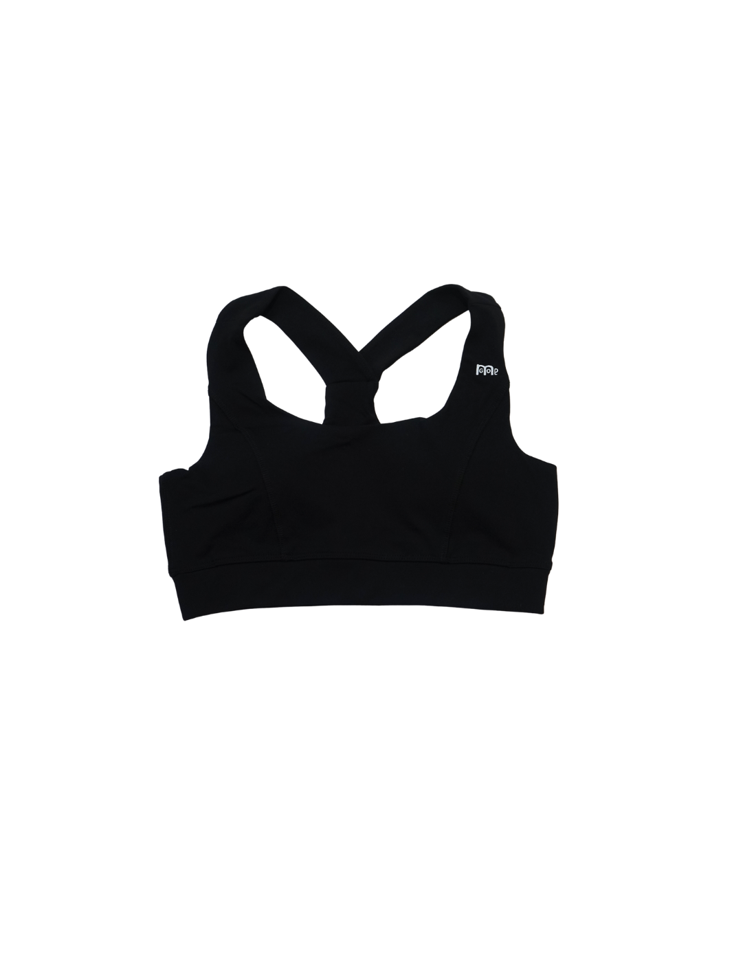 Black sports/workout bra with classic front straps and logo printed on left; Y-Back racer design for maximum support (GODinme printed in center); removable pads, moisture-wicking fabric for added comfort,  and four-way stretch allowing for full range of motion. 