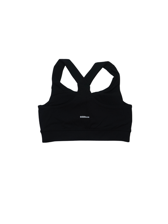 Black sports/workout bra with classic front straps and logo printed on left; Y-Back racer design for maximum support (GODinme printed in center); removable pads, moisture-wicking fabric for added comfort,  and four-way stretch allowing for full range of motion. 