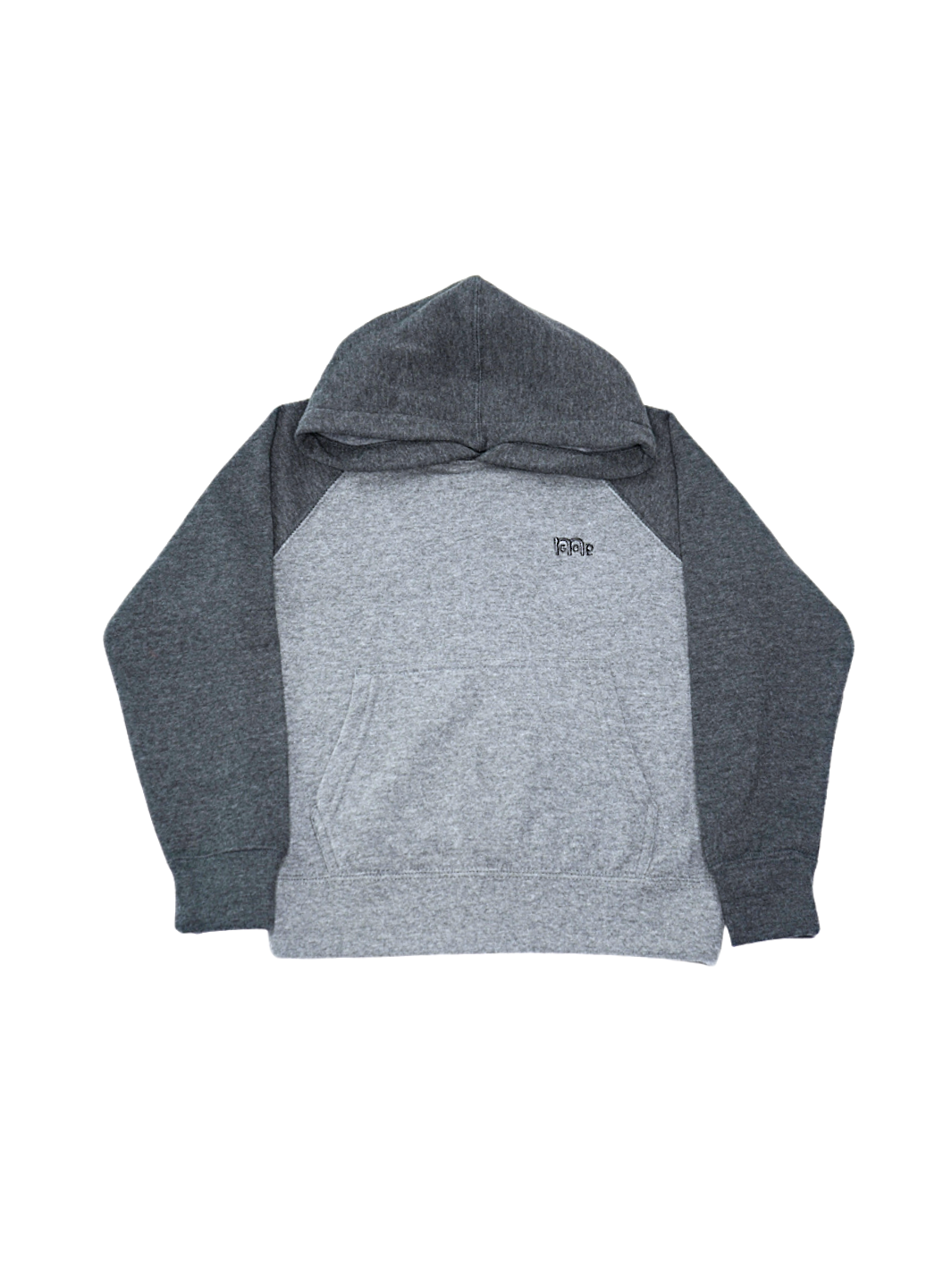 Toddler Light Grey Pullover Hoodie with Dark Grey Hood and Raglan sleeves and Dark Grey GODinme logo at left chest