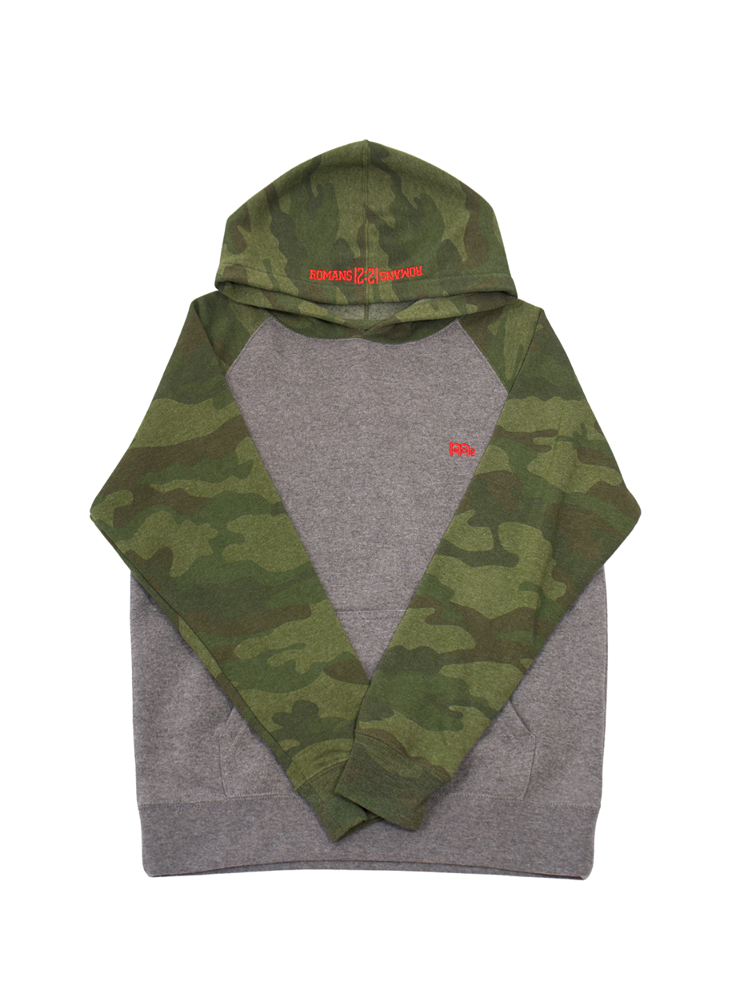 Youth Hoodie light Grey body with Green Camouflage hood and sleeves. Red logo at left chest and Romans 12 : 21 on hood. Sizes 6 to 16