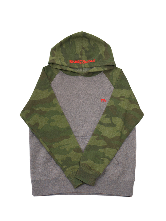 Youth Hoodie light Grey body with Green Camouflage hood and sleeves. Red logo at left chest and Romans 12 : 21 on hood. Sizes 6 to 16
