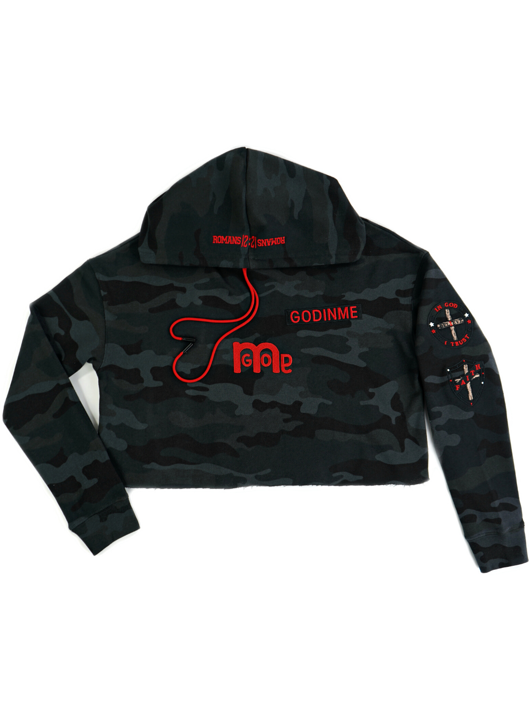 From our Romans 12:21 Collection, featuring RED GODinme nameplate, large Red GODinme logo mid chest, powerful Romans 12:21 message on hood, fashionable RED drawcord, stylish Black camouflage design, and two 3 x 3 Patches to represent Righteousness of Faith in GOD You Trust!