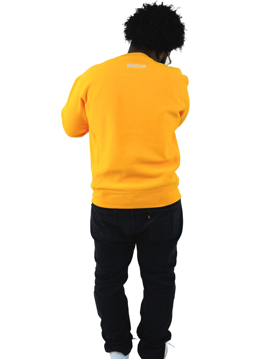 Luxury Gold Crewneck with premium cross grain design to ensure long-lasting comfort and wear. Featuring logo at left front and GODinme on the back.