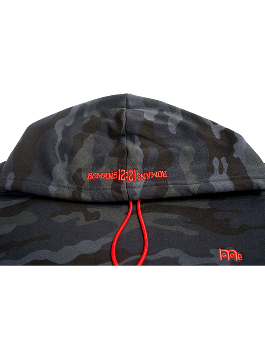 The most comfortable Black camouflage Crop Top Hoodie you'll ever own features a RED GODinme logo at left chest, and Romans 12:21 on hood.