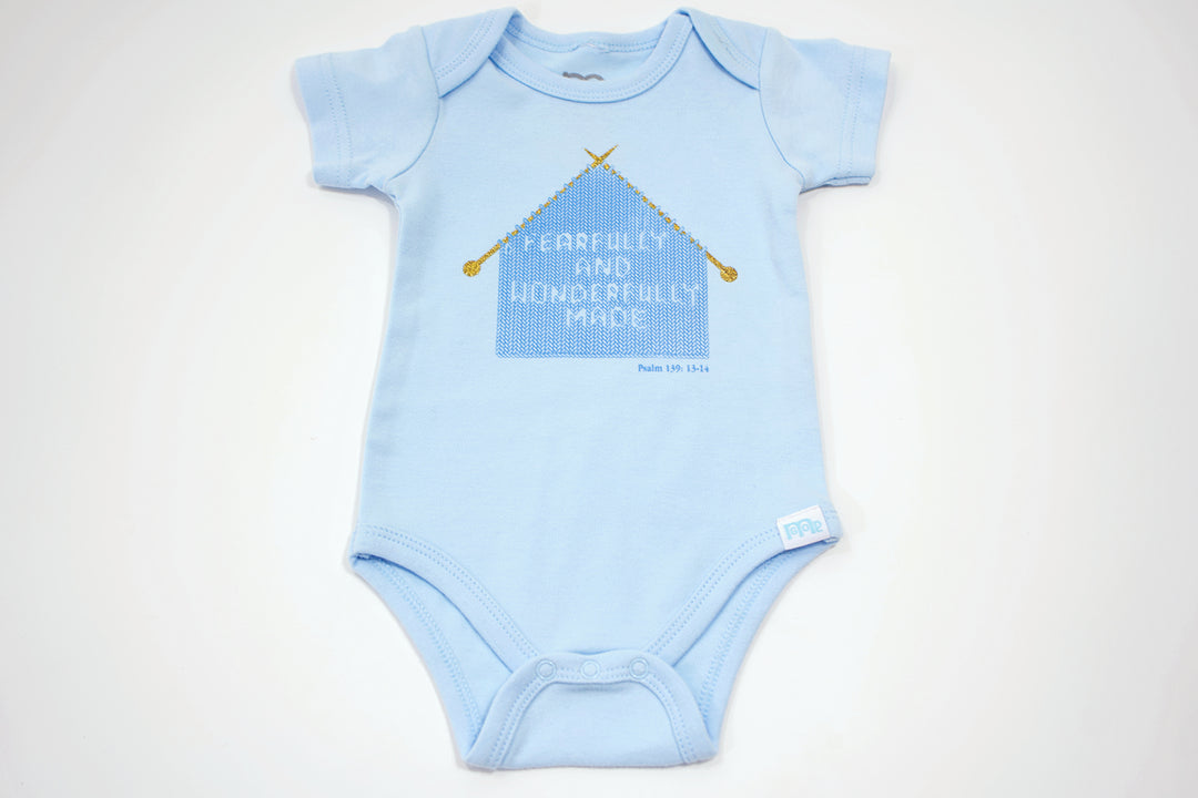 Blue Infant Onesie with "Fearfully and Wonderfully Made" printed on front and woven tag GODinme logo at left leg.