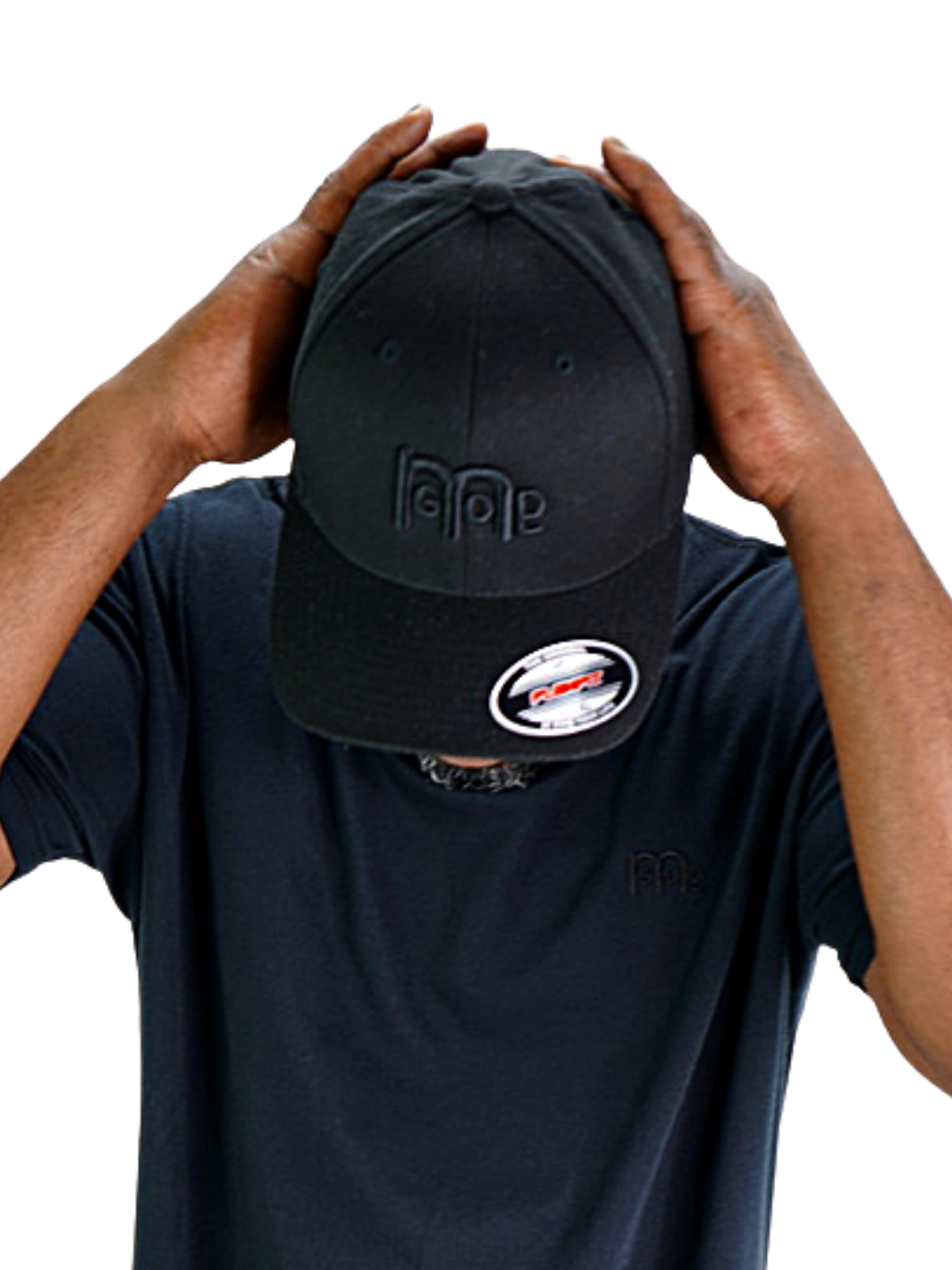 Smooth and sleek Black 6 panel Fitted Hat has curved Silver under visor with puff style GODinme logo embroidered in Black on front and flat style GODinme name embroidered on back.