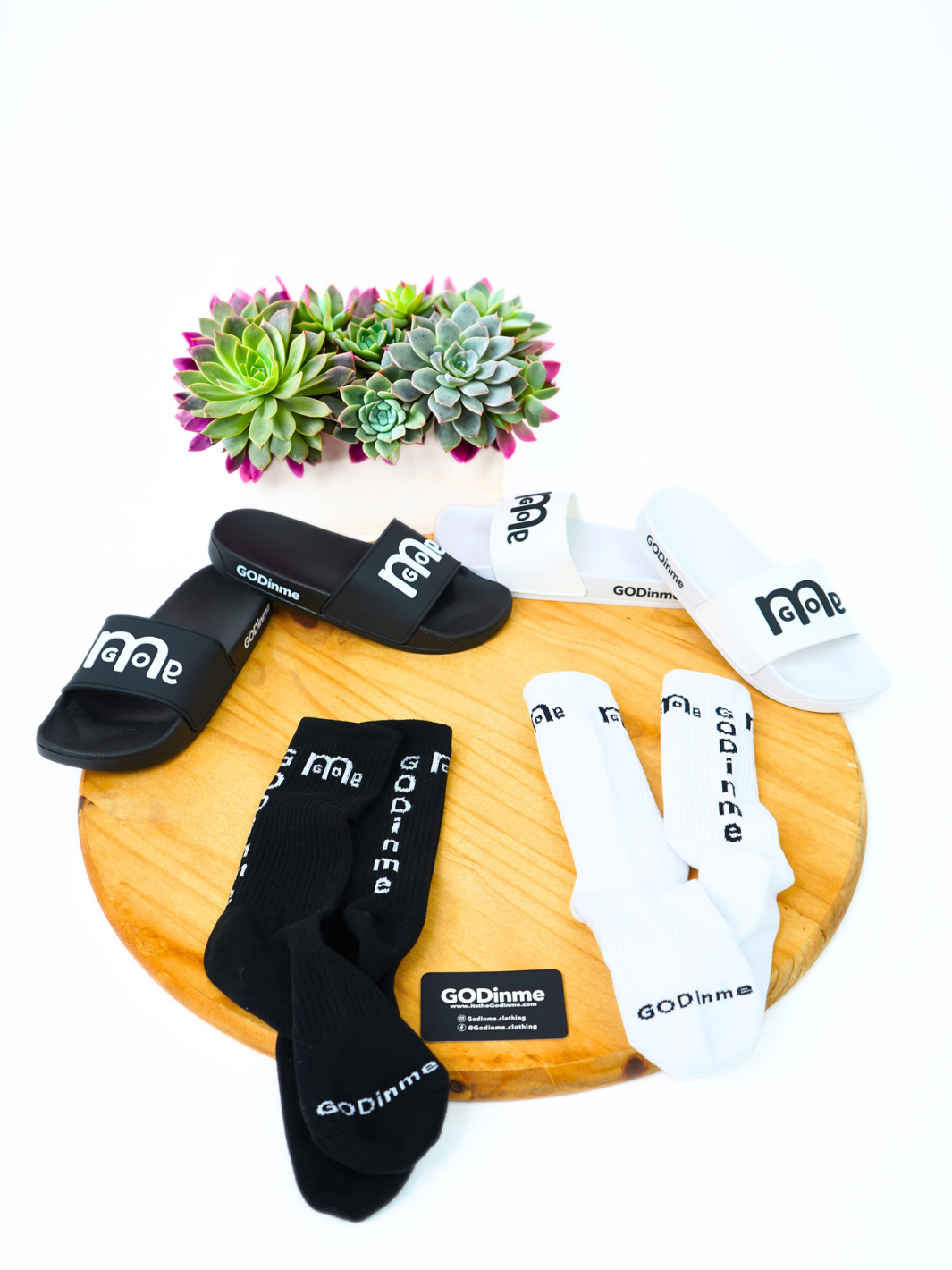 Men's GODinme Slides feature an embossed GODinme logo on front and signature GODinme on the outside heels.