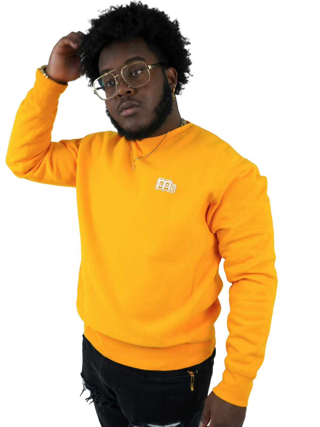 Luxury Gold Crewneck with premium cross grain design to ensure long-lasting comfort and wear. Featuring logo at left front and GODinme on the back.
