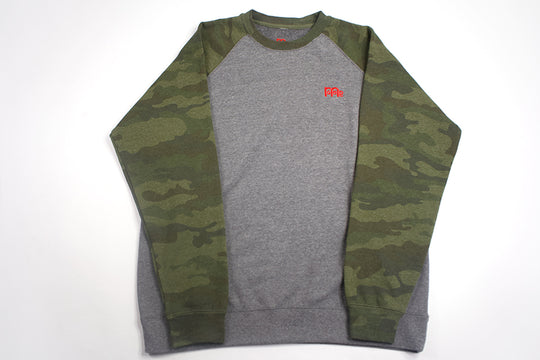 GODinme Crewneck Sweater; luxurious comfort, Grey with Green Camouflage raglan sleeves and embroidered Red GODinme logo at left chest.