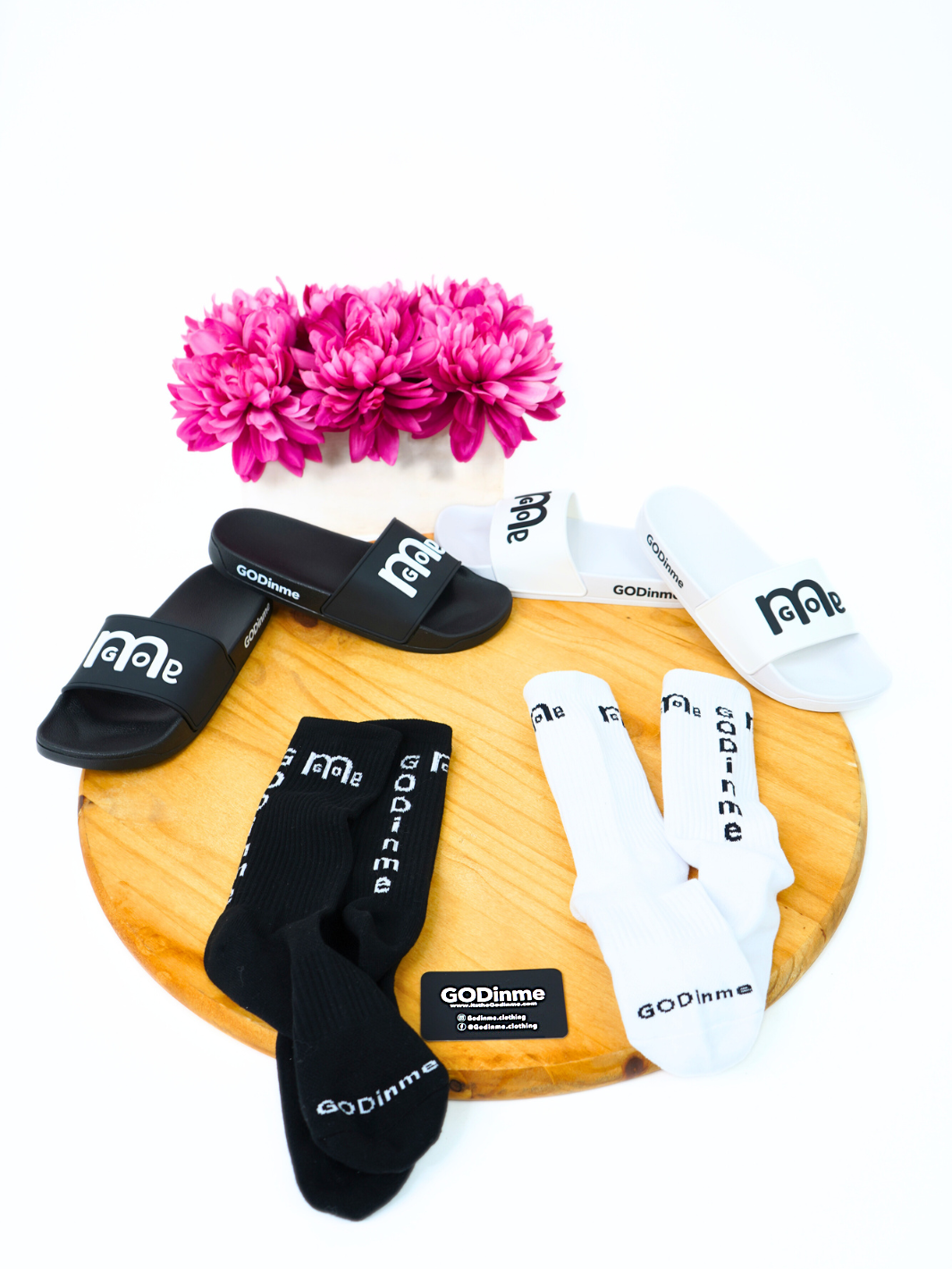 Women's GODinme Slides feature an embossed GODinme logo on front and signature GODinme on the outside heels.