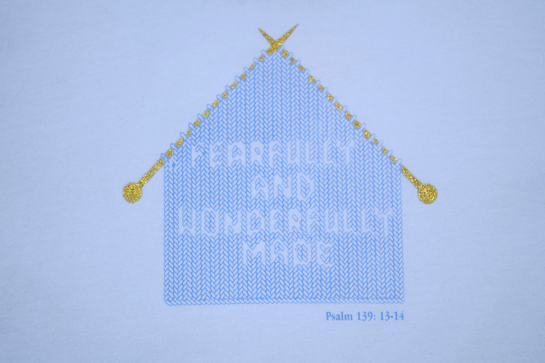 Blue Toddler T-Shirt with "Fearfully and Wonderfully Made" printed on front and woven GODinme logo tag sewn at bottom left