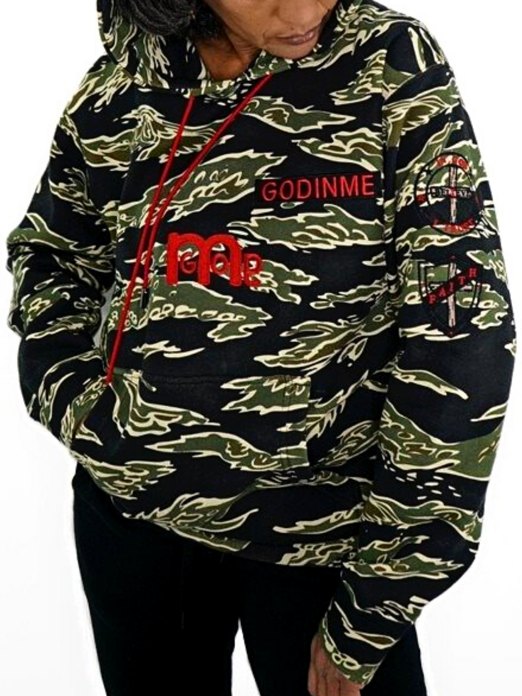 Righteousness hoodie, big bold red logo mid chest,  tiger camouflage fabric design, embroidered patches on sleeves  