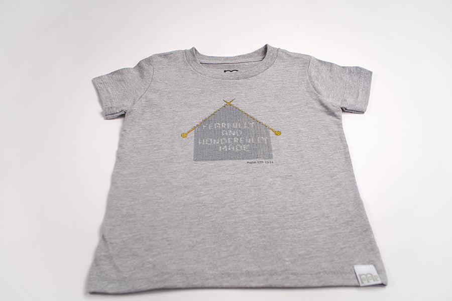 Grey Toddler T-Shirt with "Fearfully and Wonderfully Made" printed on front and woven GODinme logo tag sewn at bottom left