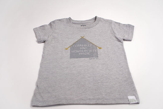 Grey Toddler T-Shirt with "Fearfully and Wonderfully Made" printed on front and woven GODinme logo tag sewn at bottom left