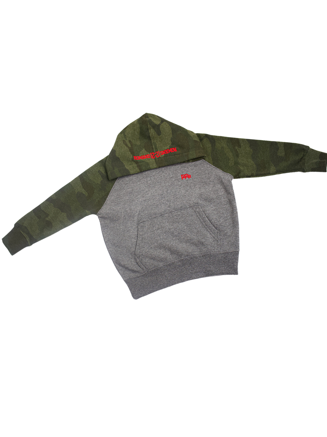 Toddler Grey Pullover Hoodie with Green Camouflage Hood and Sleeves, ROMANS 12 : 21 embroidered in Red on hood and GODinme logo embroidered in Red at left chest.