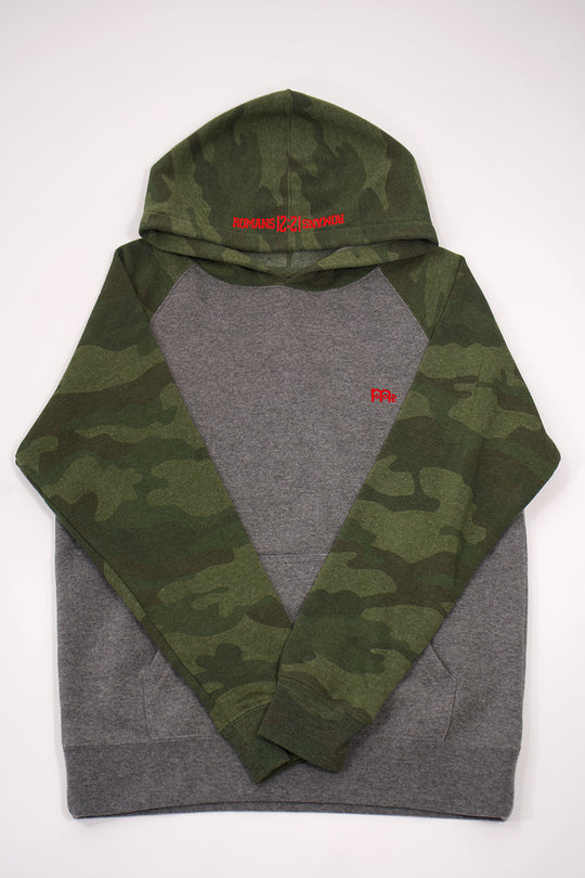 Youth Hoodie light Grey body with Green Camouflage hood and sleeves. Red logo at left chest and Romans 12 : 21 on hood. Sizes 6 to 16